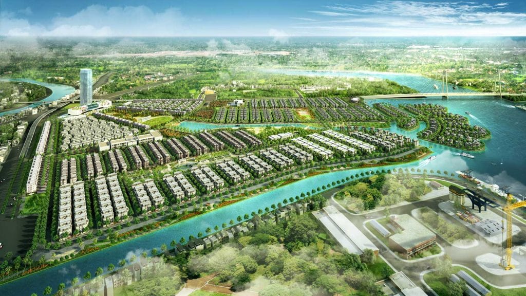 Vinhomes - Chủ đầu tư dự án The Fullton 14 Phối cảnh tổng thể dự án The Fullton với khu biệt thự, nhà phố, kênh đào xanh mát, cầu nối hiện đại và vùng cảnh quan rộng lớn ven sông