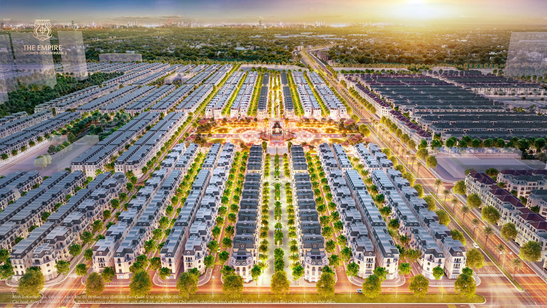 Phối cảnh tổng thể phân khu The Fullton trong đại đô thị Vinhomes Ocean Park 2 – The Empire, với các dãy nhà liền kề, biệt thự sang trọng được quy hoạch theo trục trung tâm rực rỡ ánh sáng, bao quanh bởi hệ thống cây xanh và đường nội khu rộng rãi.