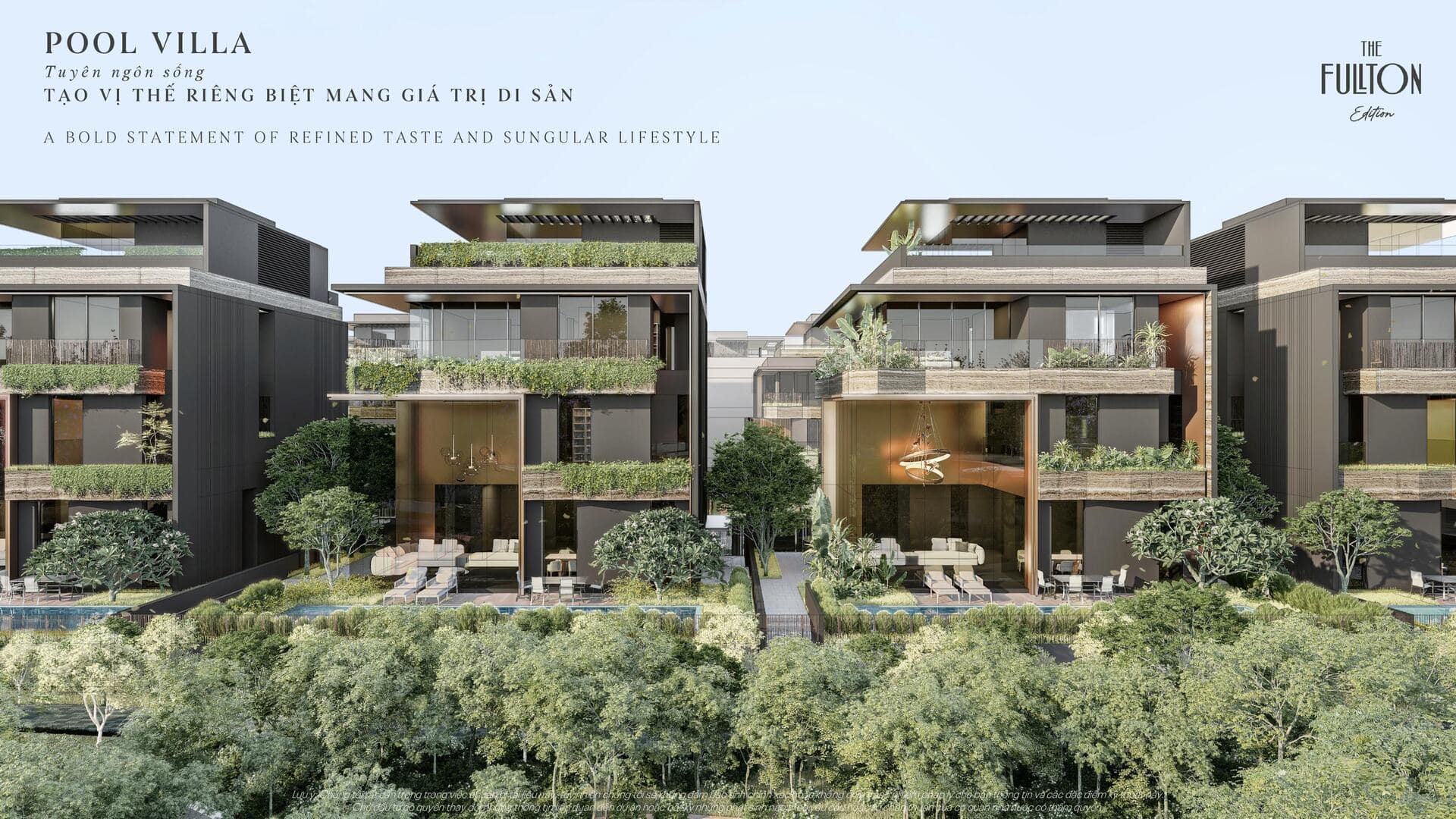 The Fullton 13 Pool Villa - biểu tượng của phong cách sống thượng lưu, khẳng định vị thế riêng biệt với thiết kế sang trọng, không gian mở ngập tràn cây xanh và hồ bơi riêng, mang lại trải nghiệm nghỉ dưỡng đẳng cấp ngay tại nhà.