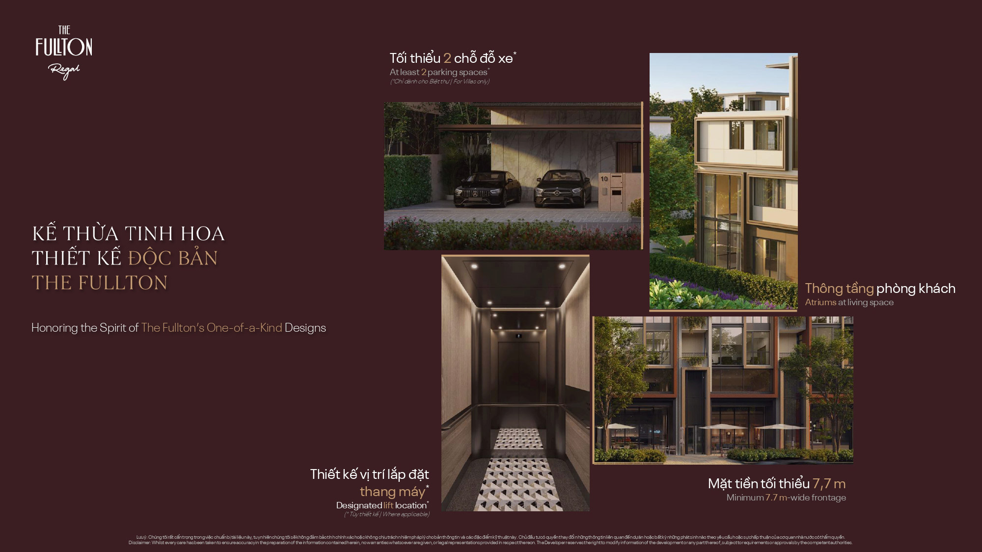 The Fullton Regal kế thừa tinh hoa thiết kế độc bản từ CapitaLand với mặt tiền rộng tới 7,7m, không gian thông tầng sang trọng, vị trí chờ thang máy và tối thiểu 2 chỗ đỗ xe cho dòng biệt thự cao cấp. The Fullton Regal kế thừa tinh hoa thiết kế độc bản từ CapitaLand với mặt tiền rộng tới 7,7m, không gian thông tầng sang trọng, vị trí chờ thang máy và tối thiểu 2 chỗ đỗ xe cho dòng biệt thự cao cấp.