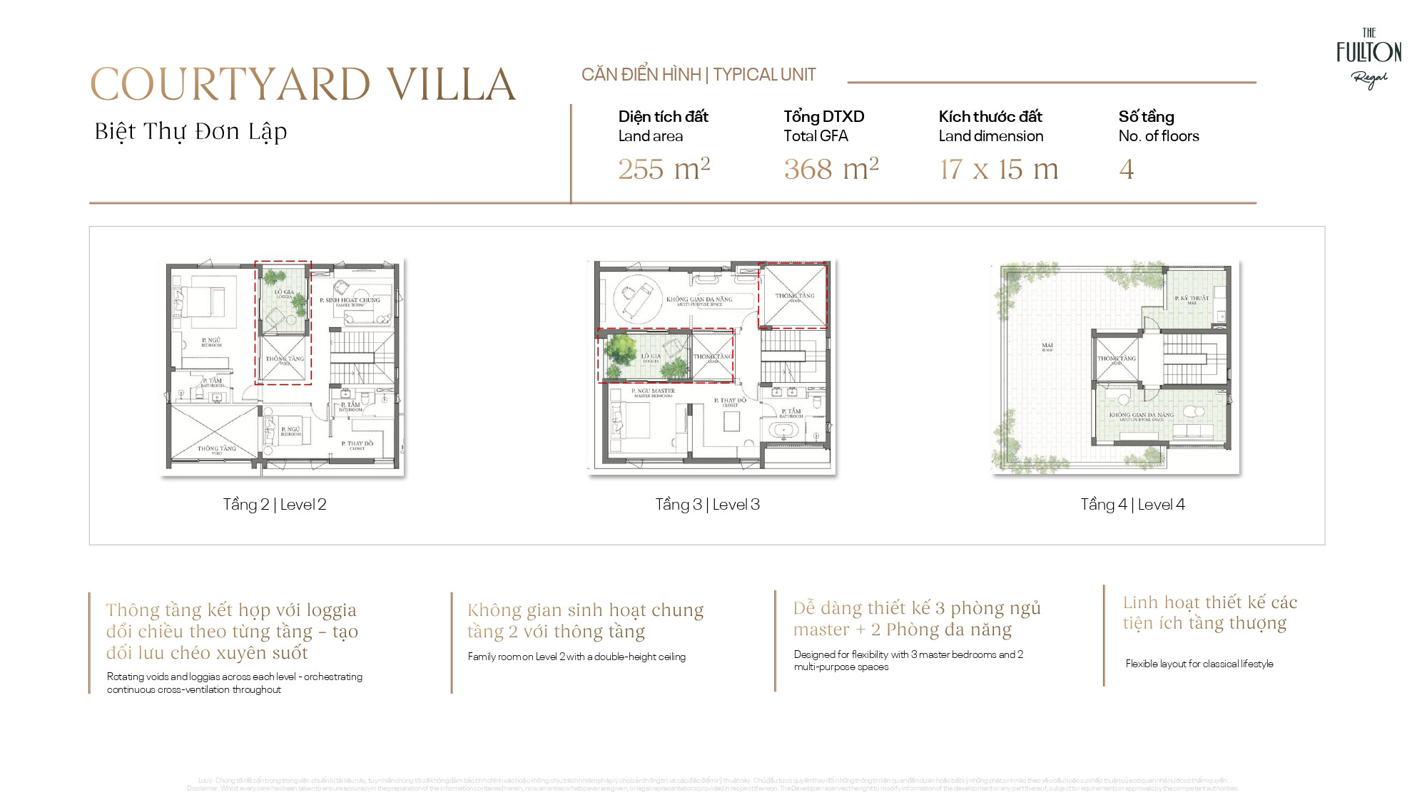 Layout tầng 2, 3, 4 BT đơn lập Courtyard Villa